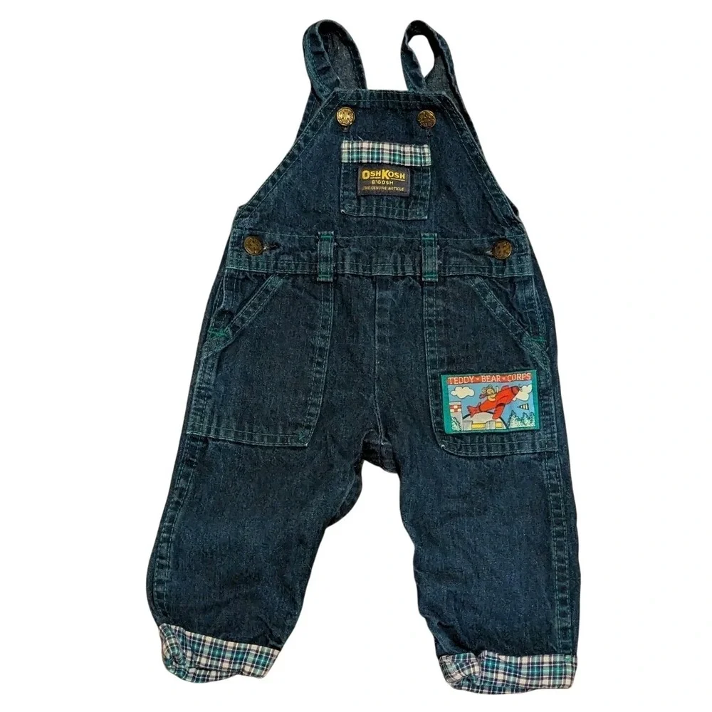 Vtg Oshkosh B'Gosh Denim Overalls Baby 6-9 Mos Airplanes Plane Plaid Bear‎ USA